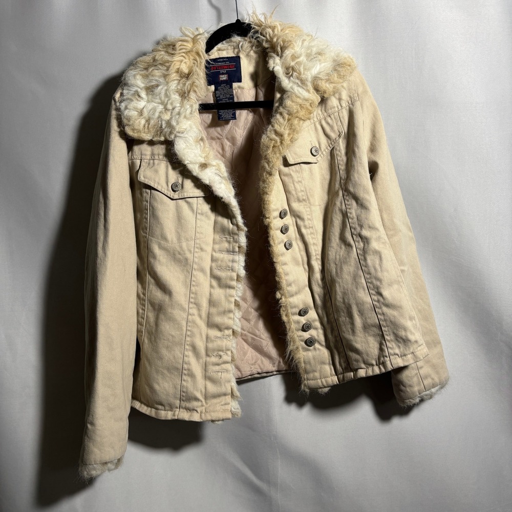 VTG Faded Glory Y2K Faux Fur Trucker Jacket J Lo Tan Quilted Lining Glam M SEE